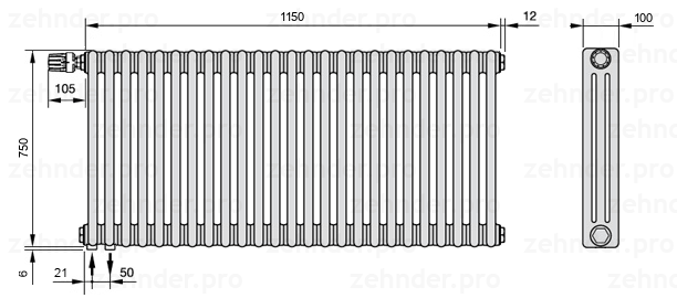 Схема (чертеж) Радиатор Zehnder Charleston 3075/25 №V001 Белый глянцевый RAL 9016